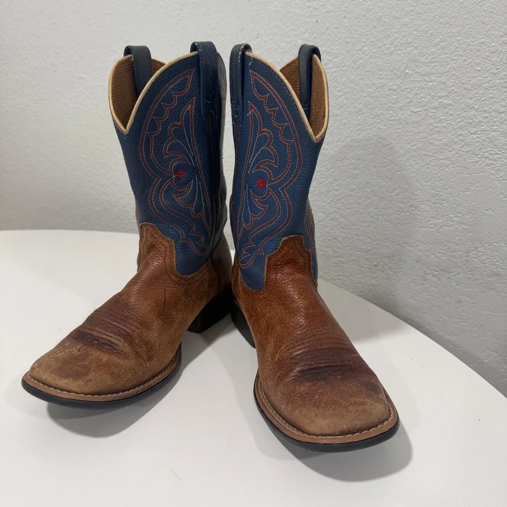 Ariat Kids Brown Blue Leather Western Cowboy Boots 10009453 Size 1